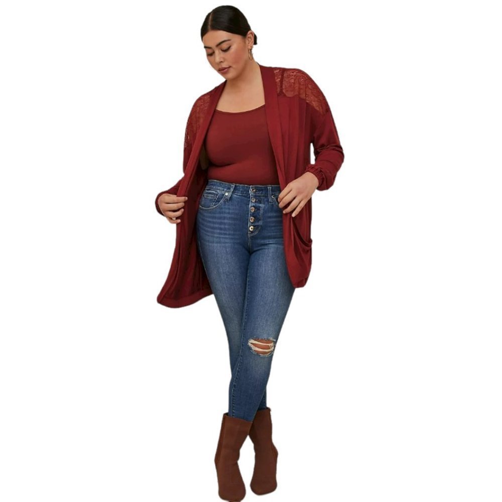 Torrid Super Soft Cardigan Lace Yoke Open Front Size 1